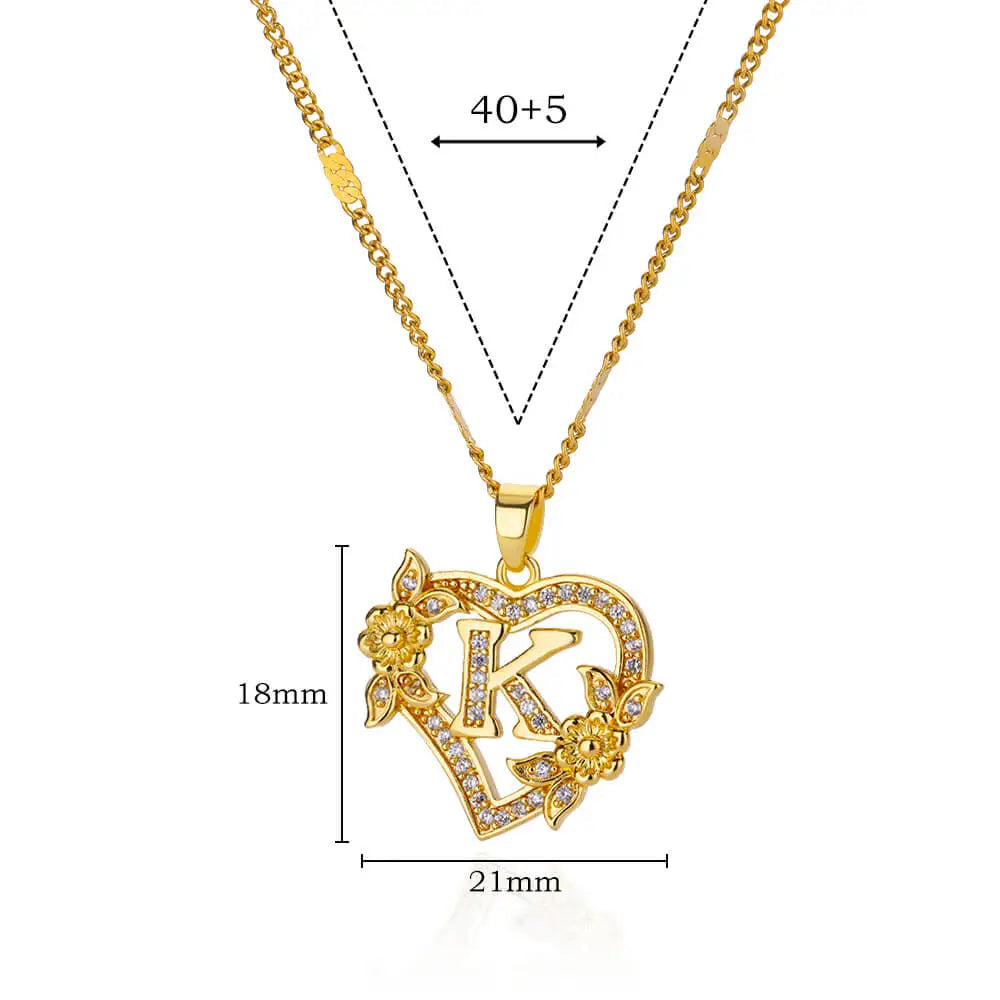 Zircon Flower Initials Necklaces For Women Stainless Steel Heart Gold Color Necklace
