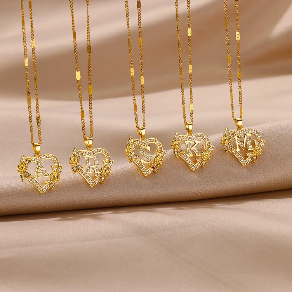 Zircon Flower Initials Necklaces For Women Stainless Steel Heart Gold Color Necklace