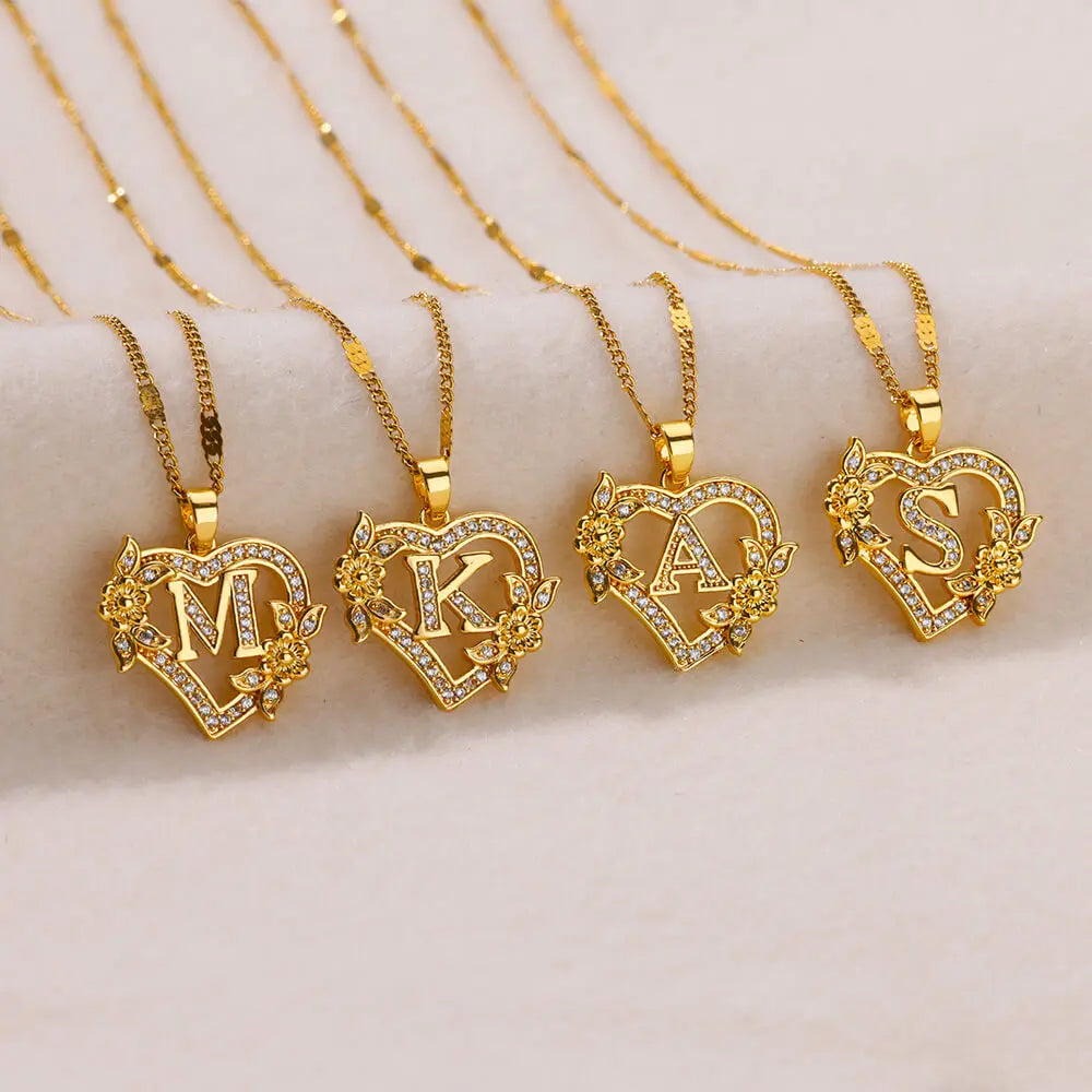 Zircon Flower Initials Necklaces For Women Stainless Steel Heart Gold Color Necklace