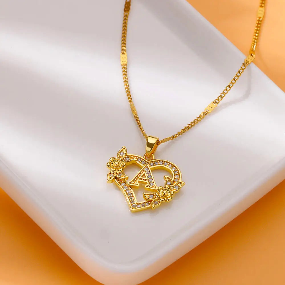 Zircon Flower Initials Necklaces For Women Stainless Steel Heart Gold Color Necklace