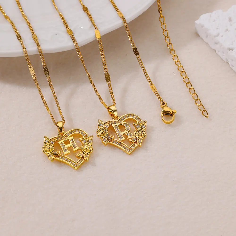 Zircon Flower Initials Necklaces For Women Stainless Steel Heart Gold Color Necklace